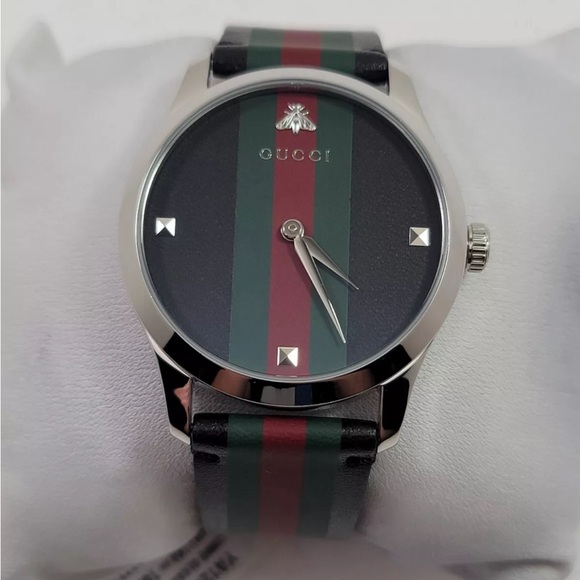 Gucci G-Timeless SWISS Quartz Green and Red Black Leather Strap Watch YA1264079 - Picture 1 of 7